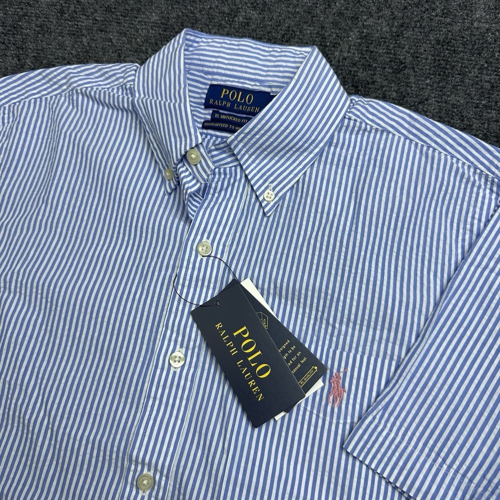 Polo Ralph Lauren Untucked Fit Short Sleeve Blue Striped Button Shirt Mens Small